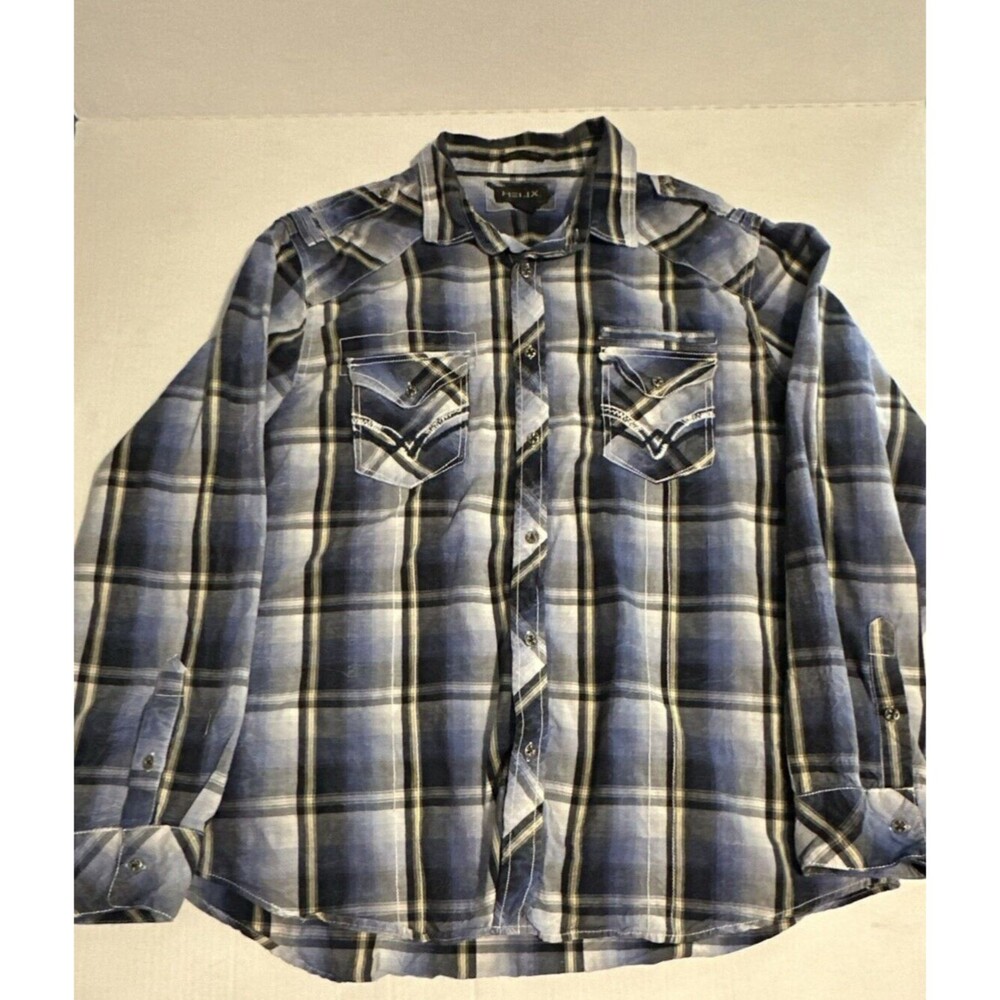 Helix Button Down Shirt Mens XXL Long Sleeve Blue Black White Plaid Casual